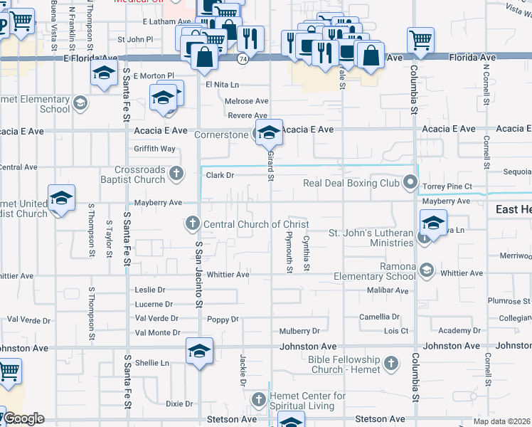map of restaurants, bars, coffee shops, grocery stores, and more near 26307 Girard Street in Hemet
