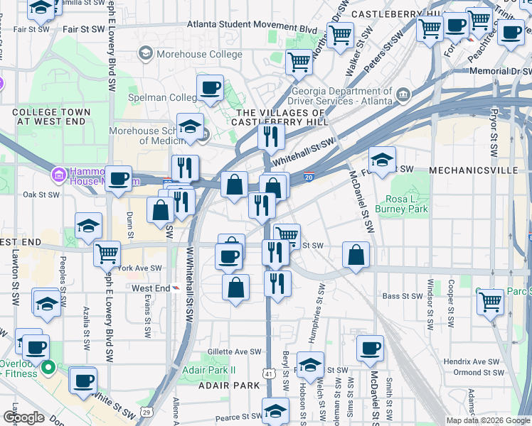 map of restaurants, bars, coffee shops, grocery stores, and more near 867 Metropolitan Parkway Southwest in Atlanta