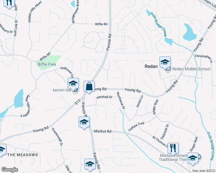 map of restaurants, bars, coffee shops, grocery stores, and more near 2061 Young Road in Lithonia