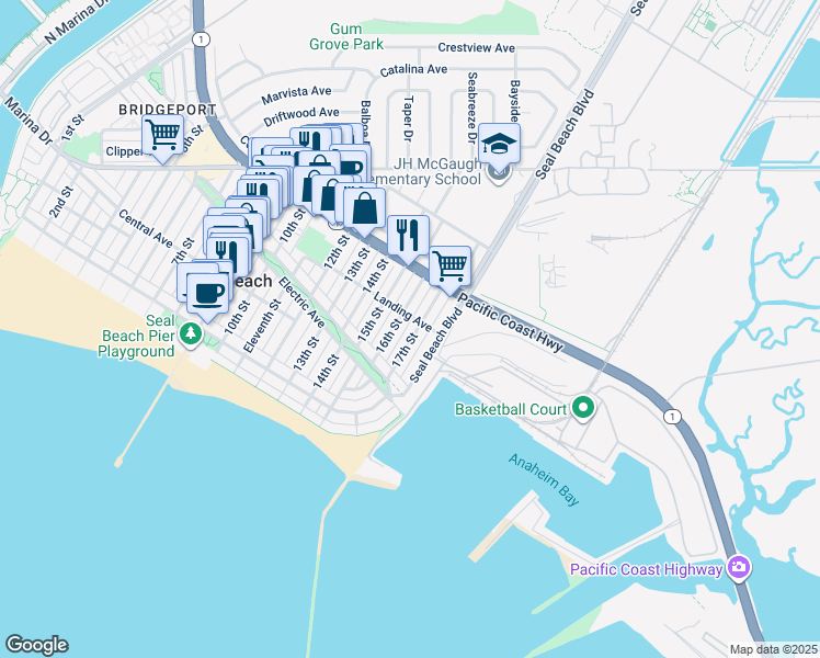 map of restaurants, bars, coffee shops, grocery stores, and more near 247 17th Street in Seal Beach