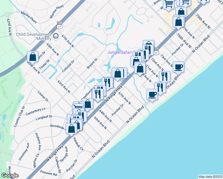 map of restaurants, bars, coffee shops, grocery stores, and more near 6617 North Kings Highway in Myrtle Beach
