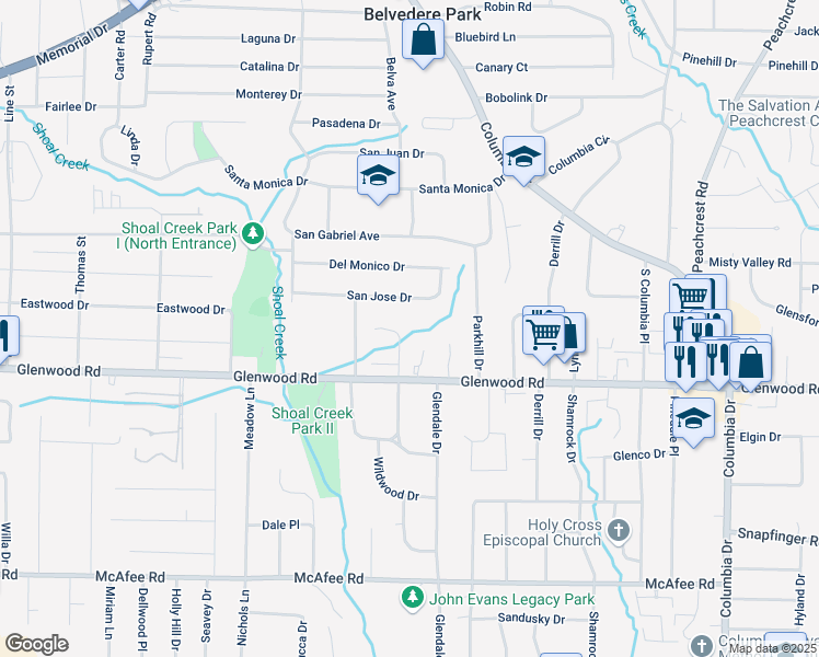 map of restaurants, bars, coffee shops, grocery stores, and more near 1860 Shoal Creek Boulevard in Decatur