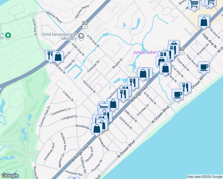 map of restaurants, bars, coffee shops, grocery stores, and more near 6318 Hawthorne Lane in Myrtle Beach