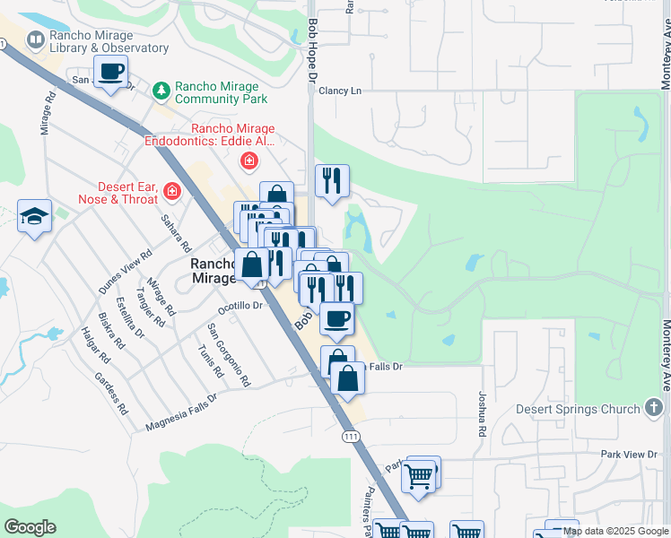 map of restaurants, bars, coffee shops, grocery stores, and more near 72044 Desert Air Drive in Rancho Mirage