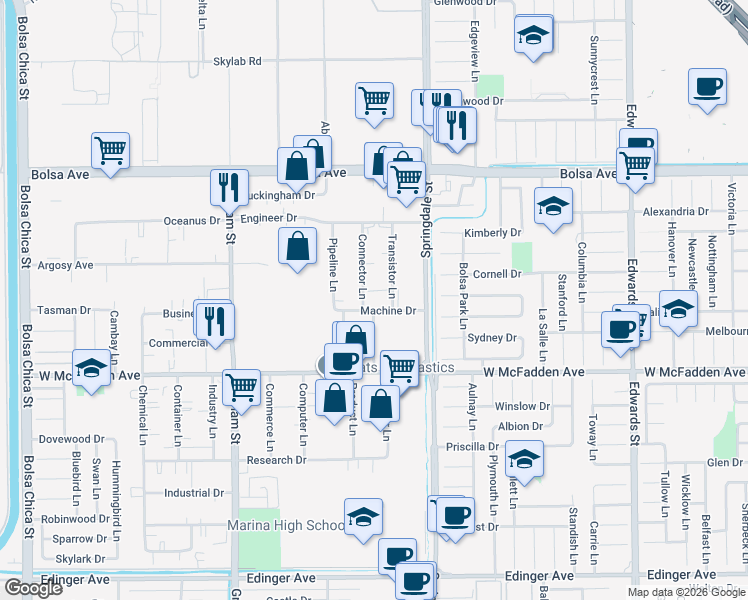 map of restaurants, bars, coffee shops, grocery stores, and more near 15321 Transistor Lane in Huntington Beach