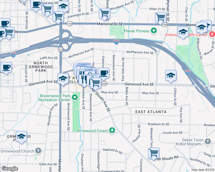 map of restaurants, bars, coffee shops, grocery stores, and more near 1383 Glenwood Avenue Southeast in Atlanta
