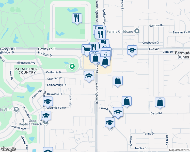 map of restaurants, bars, coffee shops, grocery stores, and more near 42-575 Washington Street in Palm Desert