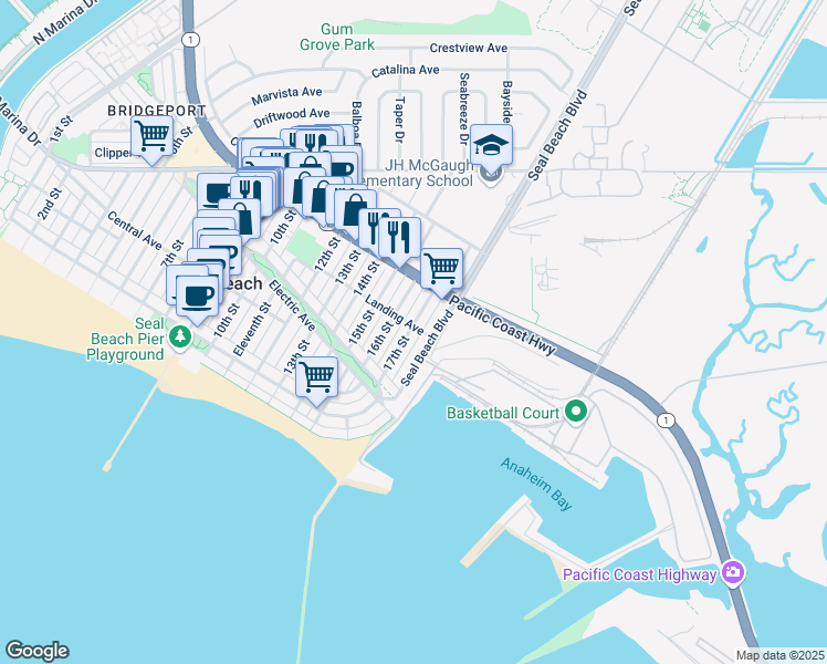 map of restaurants, bars, coffee shops, grocery stores, and more near 258 17th Street in Seal Beach