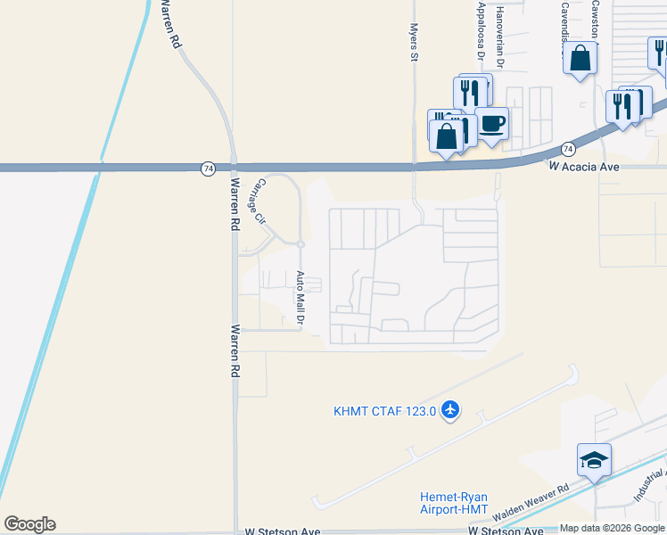 map of restaurants, bars, coffee shops, grocery stores, and more near 5001 West Florida Avenue in Hemet