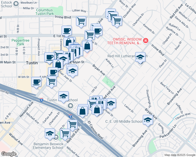 map of restaurants, bars, coffee shops, grocery stores, and more near 1321 Lance Drive in Tustin