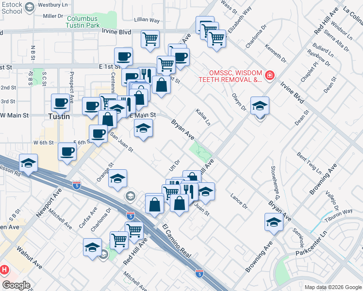 map of restaurants, bars, coffee shops, grocery stores, and more near 1321 Lance Drive in Tustin