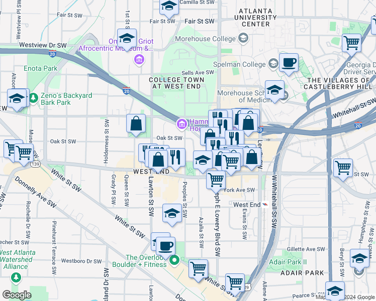 map of restaurants, bars, coffee shops, grocery stores, and more near 554 Peeples Street Southwest in Atlanta
