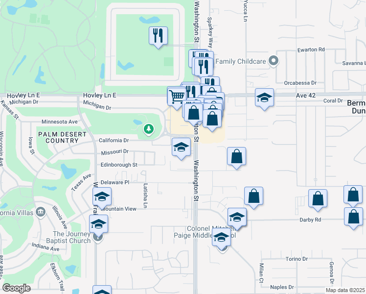map of restaurants, bars, coffee shops, grocery stores, and more near 42-575 Washington Street in Palm Desert