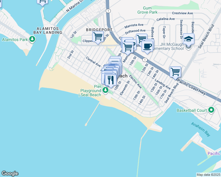 map of restaurants, bars, coffee shops, grocery stores, and more near 905 Ocean Avenue in Seal Beach