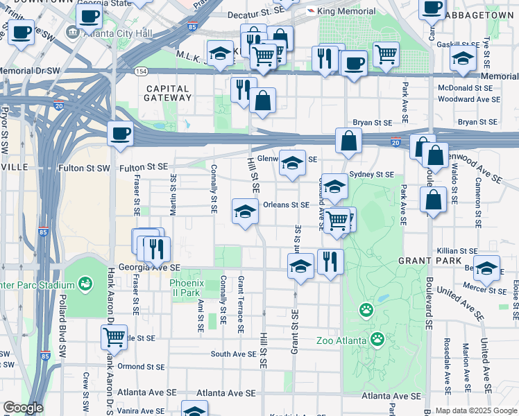 map of restaurants, bars, coffee shops, grocery stores, and more near 551 Broyles Street Southeast in Atlanta