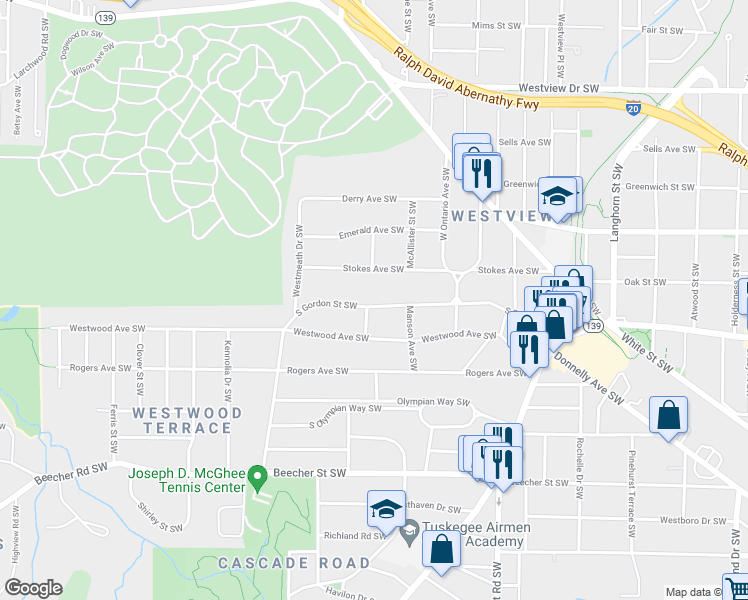 map of restaurants, bars, coffee shops, grocery stores, and more near 1677 South Gordon Street Southwest in Atlanta