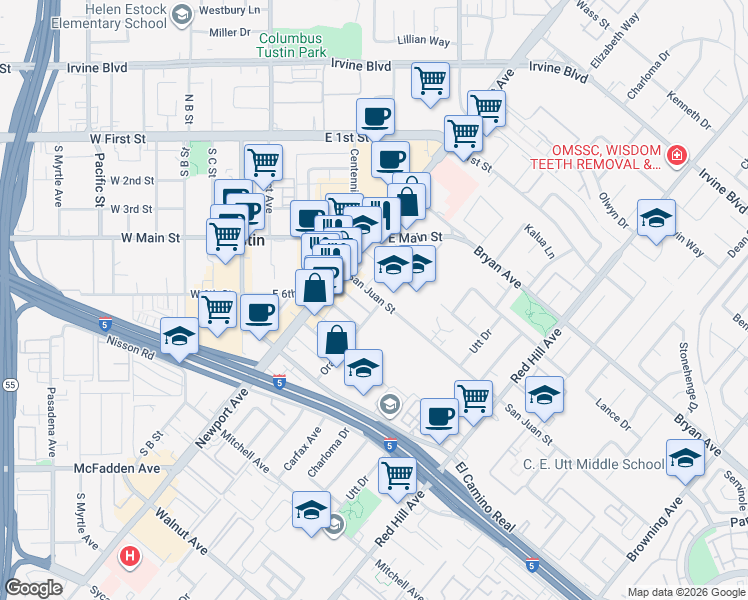 map of restaurants, bars, coffee shops, grocery stores, and more near 1102 San Juan Street in Tustin