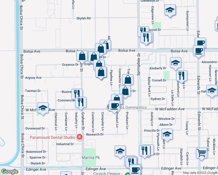 map of restaurants, bars, coffee shops, grocery stores, and more near 15341 Pipeline Ln in Huntington Beach