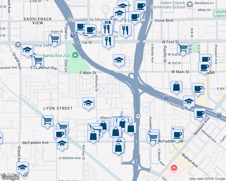 map of restaurants, bars, coffee shops, grocery stores, and more near 131 Colombo Lane in Tustin