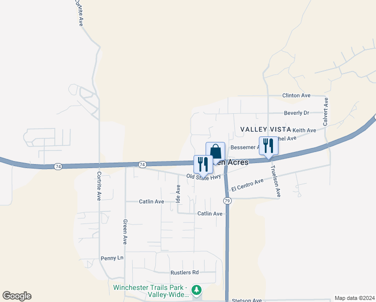map of restaurants, bars, coffee shops, grocery stores, and more near 26283 Amanda Avenue in Hemet