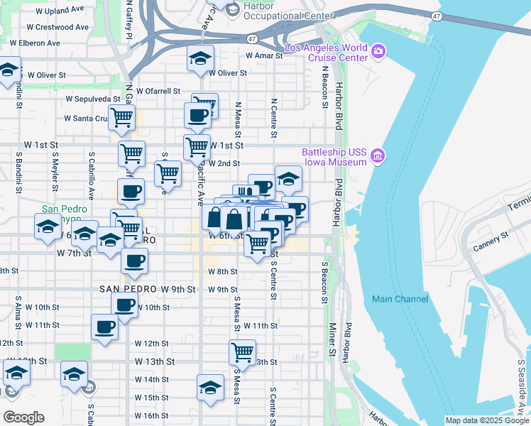 map of restaurants, bars, coffee shops, grocery stores, and more near 505 South Centre Street in Los Angeles