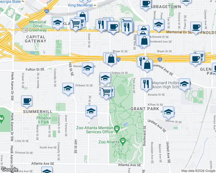 map of restaurants, bars, coffee shops, grocery stores, and more near 541 Cherokee Ave SE in Atlanta
