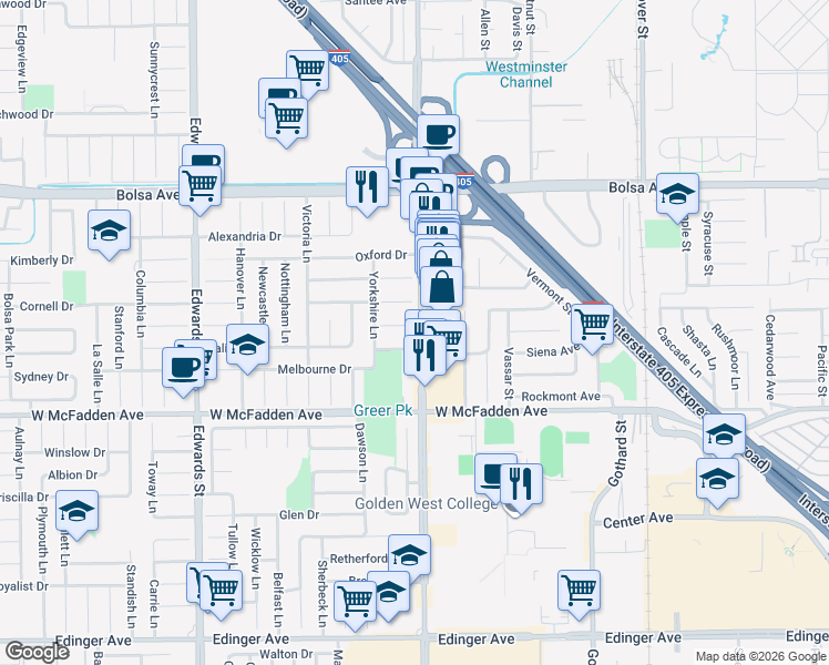 map of restaurants, bars, coffee shops, grocery stores, and more near 15388 Goldenwest Street in Westminster