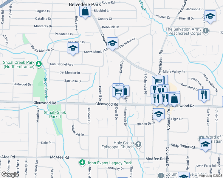 map of restaurants, bars, coffee shops, grocery stores, and more near 1777 Derrill Drive in Decatur