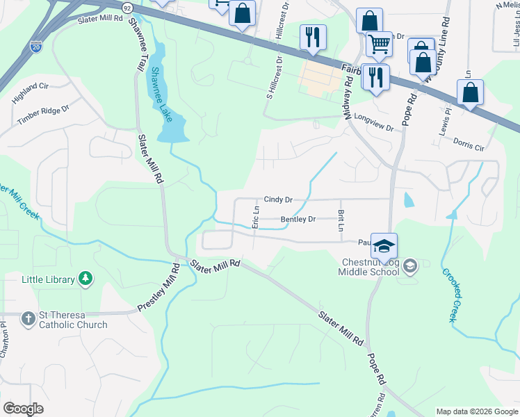 map of restaurants, bars, coffee shops, grocery stores, and more near 2435 Eric Lane in Douglasville