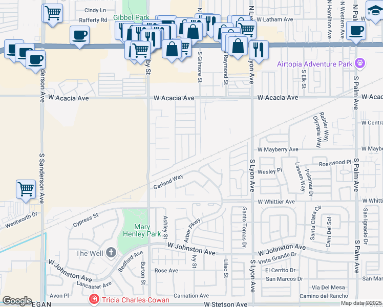 map of restaurants, bars, coffee shops, grocery stores, and more near 2205 West Acacia Avenue in Hemet