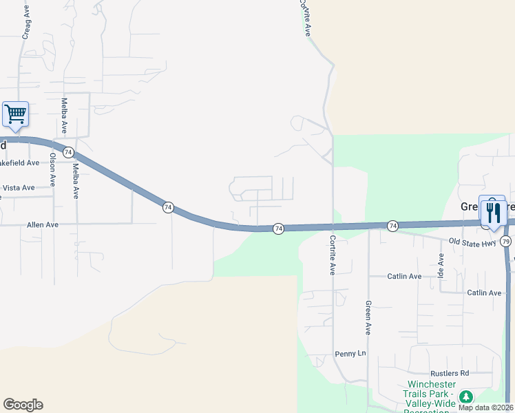 map of restaurants, bars, coffee shops, grocery stores, and more near 32600 California 74 in Hemet