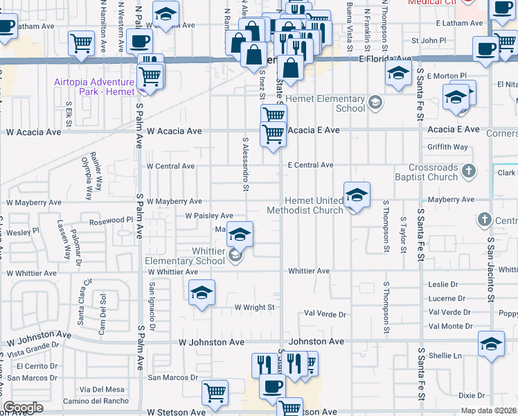 map of restaurants, bars, coffee shops, grocery stores, and more near 220 Susan Lane in Hemet