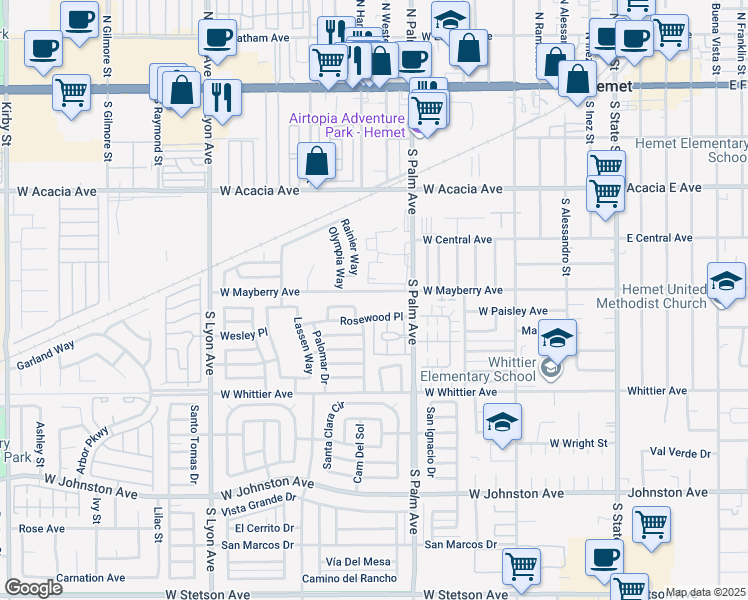 map of restaurants, bars, coffee shops, grocery stores, and more near 1047 West Mayberry Avenue in Hemet