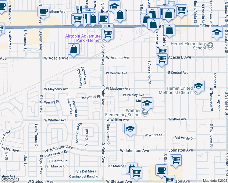 map of restaurants, bars, coffee shops, grocery stores, and more near 772 Oleander Street in Hemet