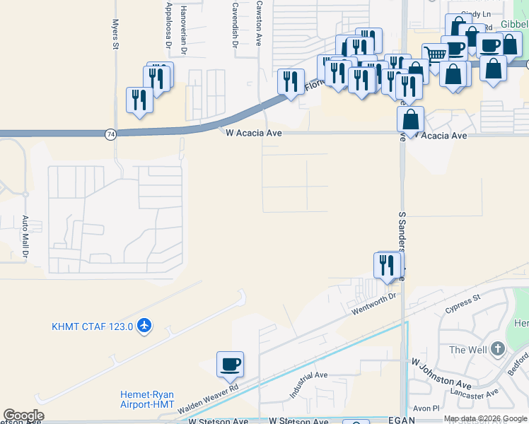 map of restaurants, bars, coffee shops, grocery stores, and more near in Hemet