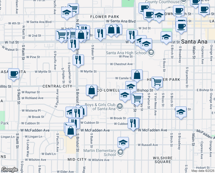 map of restaurants, bars, coffee shops, grocery stores, and more near 1047 West Bishop Street in Santa Ana