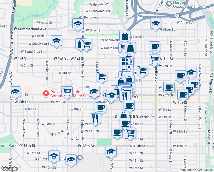map of restaurants, bars, coffee shops, grocery stores, and more near 861 West 5th Street in Los Angeles