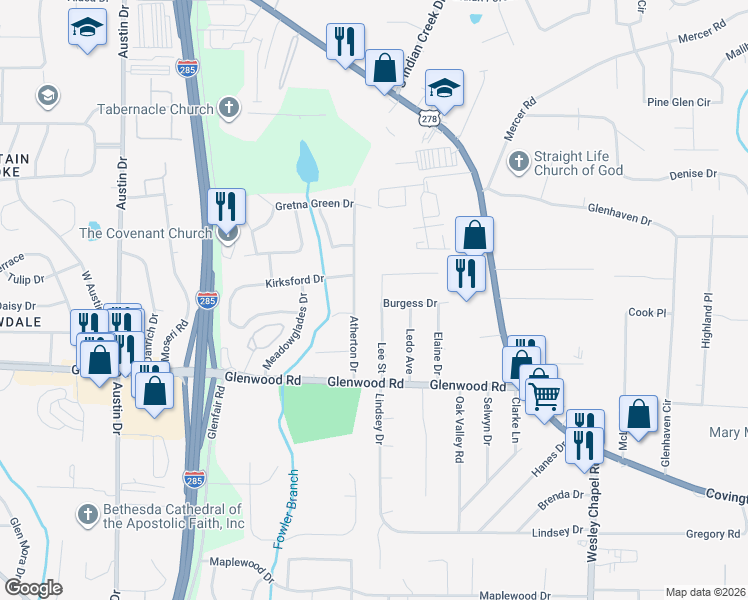 map of restaurants, bars, coffee shops, grocery stores, and more near 1765 Lee Street in Decatur