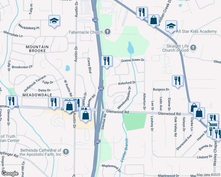 map of restaurants, bars, coffee shops, grocery stores, and more near 3905 Kirksford Drive in Decatur