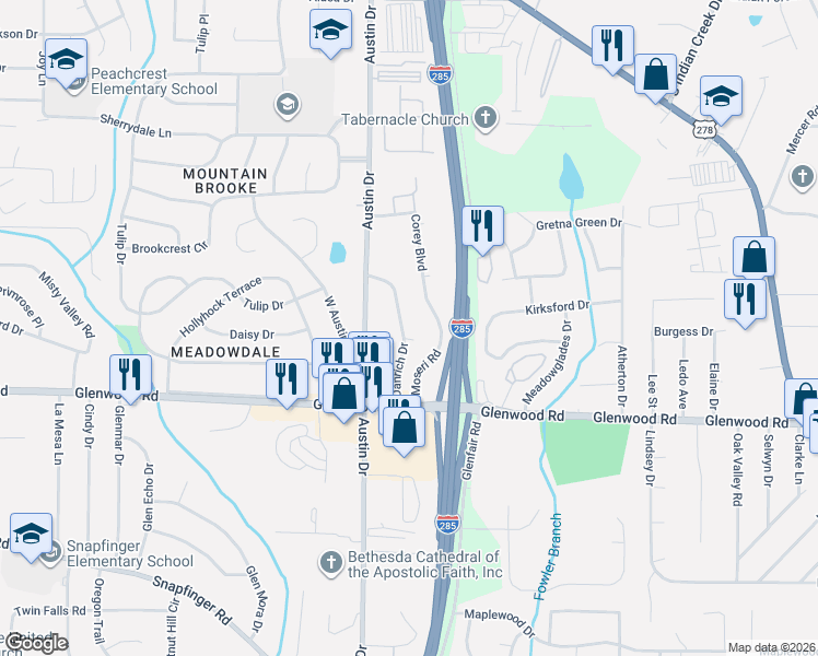 map of restaurants, bars, coffee shops, grocery stores, and more near 1772 Danrich Drive in Decatur