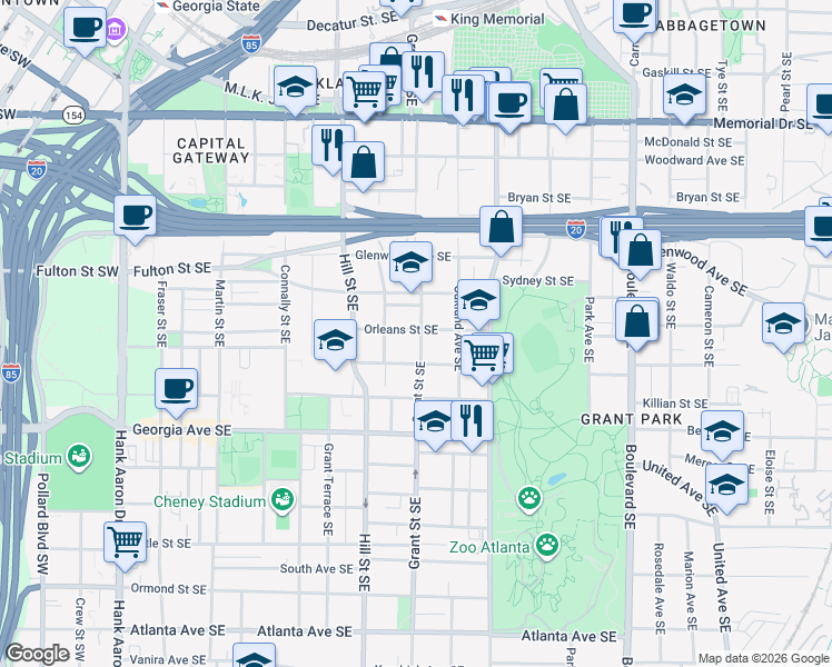 map of restaurants, bars, coffee shops, grocery stores, and more near 539 Grant Street Southeast in Atlanta