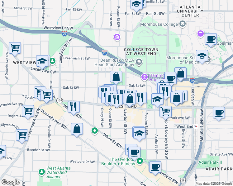 map of restaurants, bars, coffee shops, grocery stores, and more near 558 West End Place Southwest in Atlanta