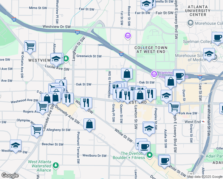 map of restaurants, bars, coffee shops, grocery stores, and more near 573 Holderness Street Southwest in Atlanta