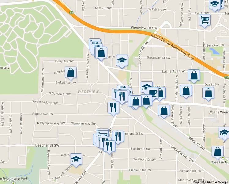 map of restaurants, bars, coffee shops, grocery stores, and more near 1479 South Gordon Street Southwest in Atlanta