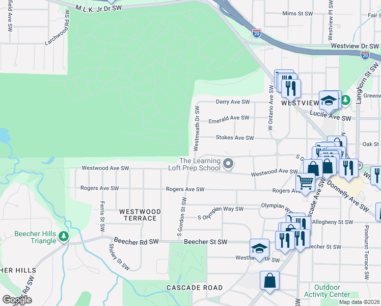 map of restaurants, bars, coffee shops, grocery stores, and more near 1781 South Gordon Street Southwest in Atlanta