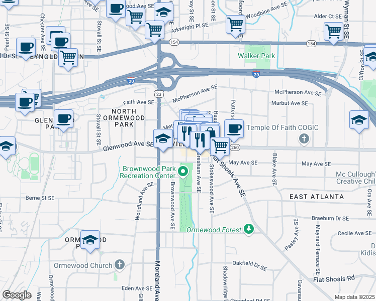 map of restaurants, bars, coffee shops, grocery stores, and more near 1245 Glenwood Avenue Southeast in Atlanta
