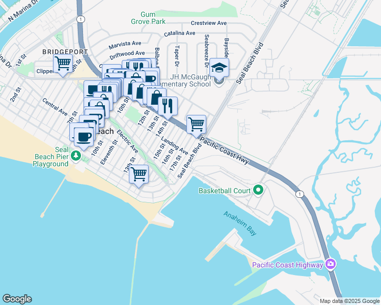 map of restaurants, bars, coffee shops, grocery stores, and more near 303 Seal Beach Boulevard in Seal Beach