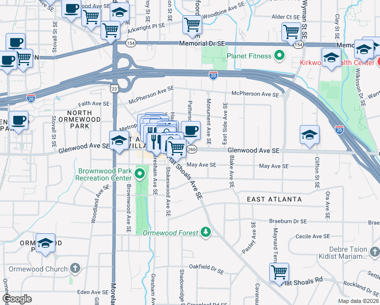 map of restaurants, bars, coffee shops, grocery stores, and more near 1363 Glenwood Avenue Southeast in Atlanta