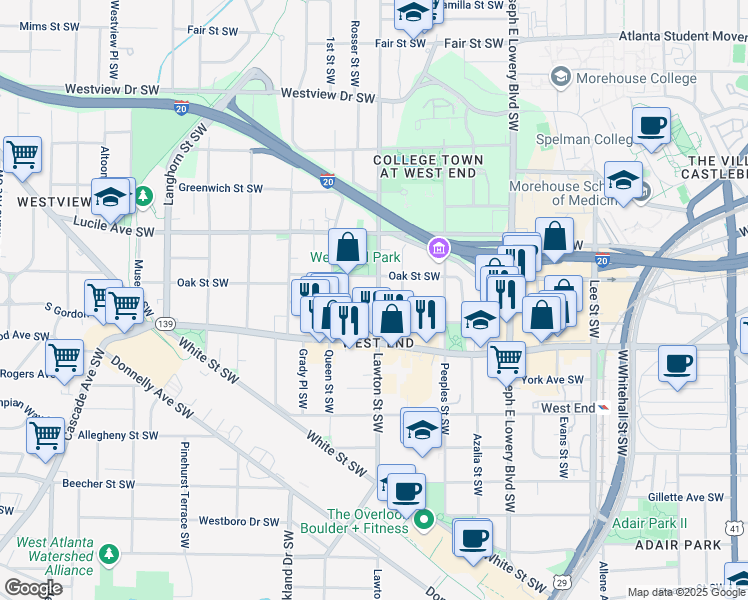 map of restaurants, bars, coffee shops, grocery stores, and more near 557 Lawton St SW in Atlanta