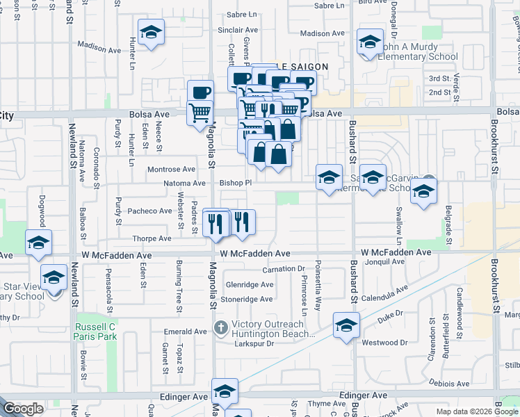 map of restaurants, bars, coffee shops, grocery stores, and more near 9172 Margate Circle in Westminster